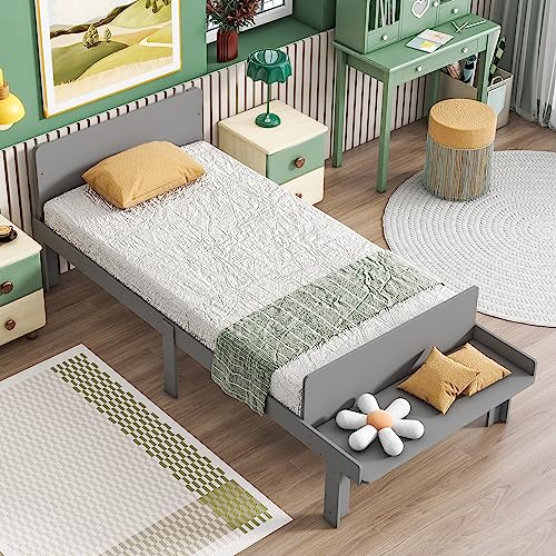 Lostcat Kids Bed Twin Size, Twin Bed Frames for Kids,Wood Platform Bed with Headboard and Footboard Bench, Wooden Twin Size Bed with Footboard Bench for Girls Boys, No Box Spring Needed, Grey - Lostcat