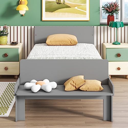 Lostcat Kids Bed Twin Size, Twin Bed Frames for Kids,Wood Platform Bed with Headboard and Footboard Bench, Wooden Twin Size Bed with Footboard Bench for Girls Boys, No Box Spring Needed, Grey - Lostcat