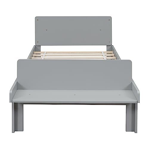 Lostcat Kids Bed Twin Size, Twin Bed Frames for Kids,Wood Platform Bed with Headboard and Footboard Bench, Wooden Twin Size Bed with Footboard Bench for Girls Boys, No Box Spring Needed, Grey - Lostcat