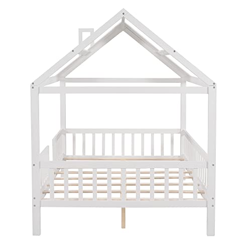 Lostcat Kids House Bed,Full Size Bed House Wood Montessori House Bed Frame with Fence and Rails, House Bed Kids Montessori Beds Playhouse Tent Bed, Solid Wood Platform Bed Frame for Toddlers, White - Lostcat