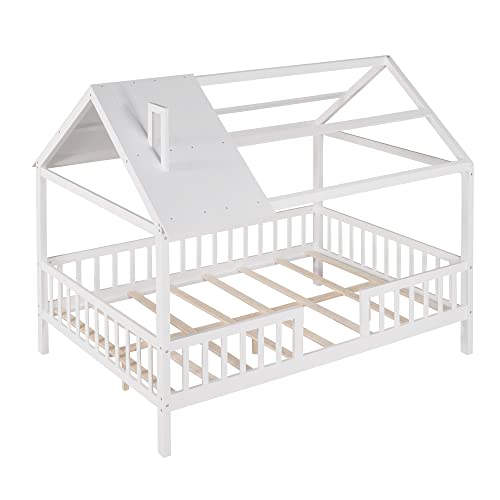 Lostcat Kids House Bed,Full Size Bed House Wood Montessori House Bed Frame with Fence and Rails, House Bed Kids Montessori Beds Playhouse Tent Bed, Solid Wood Platform Bed Frame for Toddlers, White - Lostcat