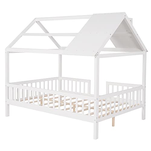 Lostcat Kids House Bed,Full Size Bed House Wood Montessori House Bed Frame with Fence and Rails, House Bed Kids Montessori Beds Playhouse Tent Bed, Solid Wood Platform Bed Frame for Toddlers, White - Lostcat