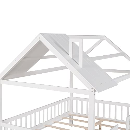 Lostcat Kids House Bed,Full Size Bed House Wood Montessori House Bed Frame with Fence and Rails, House Bed Kids Montessori Beds Playhouse Tent Bed, Solid Wood Platform Bed Frame for Toddlers, White - Lostcat