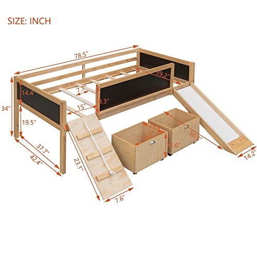 Lostcat Kids Loft Bed with Slide and 3 Double-Sided Chalkboard, Twin Size Loft Bed with with Slide, Wood Bed with Two Storage Boxes, Climbing Frame, Slide, Wood Loft Bed Frame for Kids, Natural - Lostcat