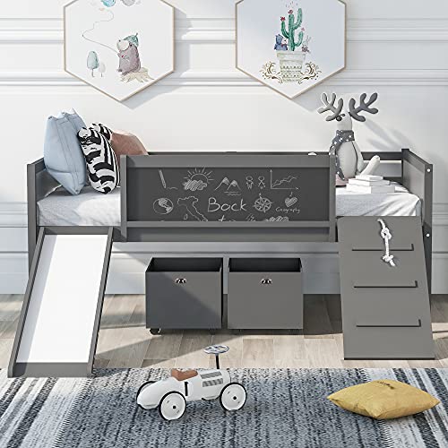 Lostcat Kids Loft Bed with Slide and 3 Double-Sided Chalkboard, Twin Size Loft Bed with with Slide, Wood Bed with Two Storage Boxes, Climbing Frame, Slide, Wood Loft Bed Frame for Kids, Grey - Lostcat