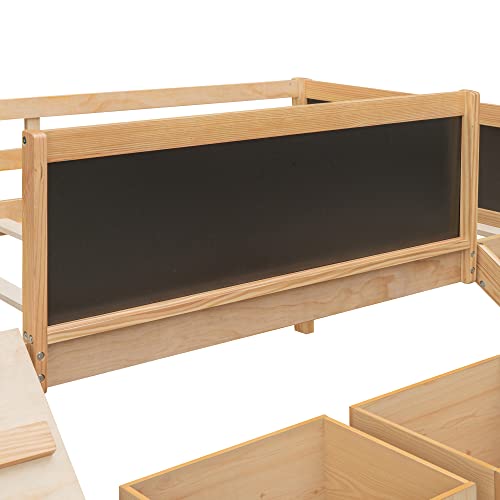 Lostcat Kids Loft Bed with Slide and 3 Double-Sided Chalkboard, Twin Size Loft Bed with with Slide, Wood Bed with Two Storage Boxes, Climbing Frame, Slide, Wood Loft Bed Frame for Kids, Natural - Lostcat