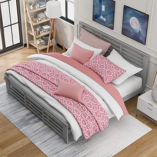 Lostcat King Size Platform Bed Frame with Headboard and Footboard,Modern Solid Wood Bed with Horizontal Strip Hollow Shape for Adults,Teens,Wood Slat Support,No Box Spring Needed,Grey - Lostcat