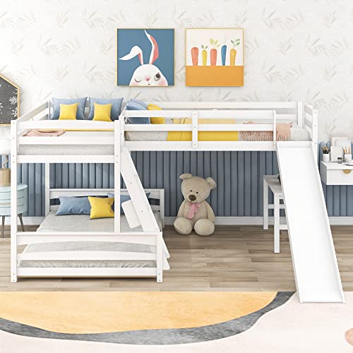 Lostcat L-Shaped Three-Tier Metal Bunk Bed with Integrated Slide, TripleBunk Bed, Sturdy Design & Easy Assembly, Ideal for Kids Room - Space-Saving & Fun, Espresso - Lostcat