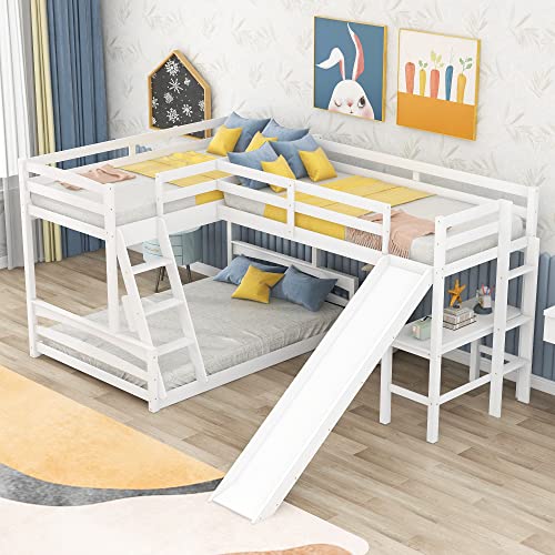 Lostcat L-Shaped Three-Tier Metal Bunk Bed with Integrated Slide, TripleBunk Bed, Sturdy Design & Easy Assembly, Ideal for Kids Room - Space-Saving & Fun, Espresso - Lostcat