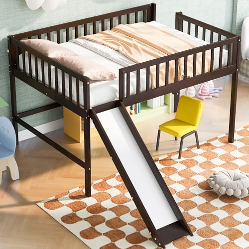 Lostcat Low Loft Bed with Slide, Full Size Solid Wood Bedframe with Safety Guardrail and Ladder, Wood Junior Loft Beds Frame with Ladder for Girls Boys Toddlers, No Box Spring Needed, Espresso - Lostcat