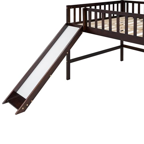 Lostcat Low Loft Bed with Slide, Full Size Solid Wood Bedframe with Safety Guardrail and Ladder, Wood Junior Loft Beds Frame with Ladder for Girls Boys Toddlers, No Box Spring Needed, Espresso - Lostcat