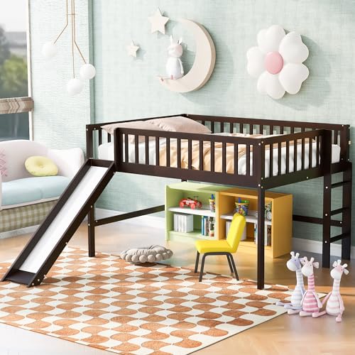 Lostcat Low Loft Bed with Slide, Full Size Solid Wood Bedframe with Safety Guardrail and Ladder, Wood Junior Loft Beds Frame with Ladder for Girls Boys Toddlers, No Box Spring Needed, Espresso - Lostcat