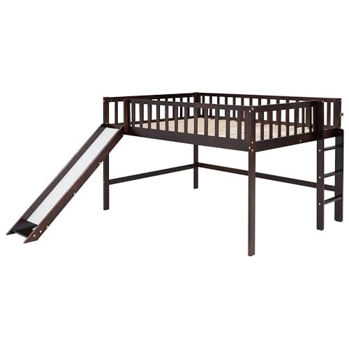 Lostcat Low Loft Bed with Slide, Full Size Solid Wood Bedframe with Safety Guardrail and Ladder, Wood Junior Loft Beds Frame with Ladder for Girls Boys Toddlers, No Box Spring Needed, Espresso - Lostcat