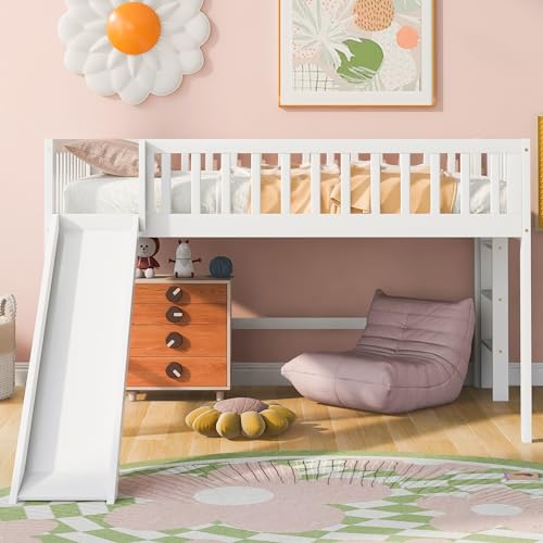 Lostcat Low Loft Bed with Slide, Solid Wood Bedframe with Safety Guardrail and Ladder, Full Size Wood Junior Loft Beds Frame with Ladder for Girls Boys Toddlers, No Box Spring Needed, White - Lostcat