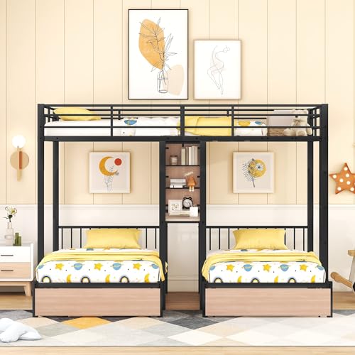 Lostcat Metal Bunk Bed for 3 Kids, Full Over Twin & Twin Triple Bunk Bed with Drawers, Multi-Functional Metal Frame Bed with desks and Shelves in The Middle, Can be Divided into Three Beds (Black) - Lostcat