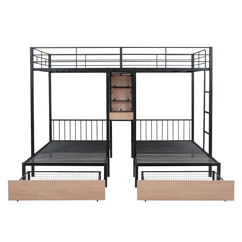 Lostcat Metal Bunk Bed for 3 Kids, Full Over Twin & Twin Triple Bunk Bed with Drawers, Multi-Functional Metal Frame Bed with desks and Shelves in The Middle, Can be Divided into Three Beds (Black) - Lostcat