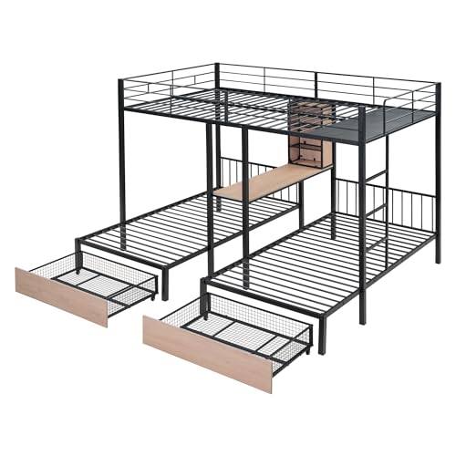 Lostcat Metal Bunk Bed for 3 Kids, Full Over Twin & Twin Triple Bunk Bed with Drawers, Multi-Functional Metal Frame Bed with desks and Shelves in The Middle, Can be Divided into Three Beds (Black) - Lostcat