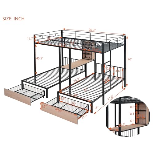 Lostcat Metal Bunk Bed for 3 Kids, Full Over Twin & Twin Triple Bunk Bed with Drawers, Multi-Functional Metal Frame Bed with desks and Shelves in The Middle, Can be Divided into Three Beds (Black) - Lostcat