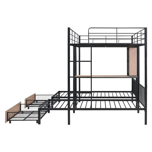 Lostcat Metal Bunk Bed for 3 Kids, Full Over Twin & Twin Triple Bunk Bed with Drawers, Multi-Functional Metal Frame Bed with desks and Shelves in The Middle, Can be Divided into Three Beds (Black) - Lostcat