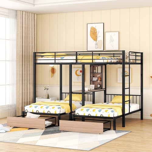 Lostcat Metal Bunk Bed for 3 Kids, Full Over Twin & Twin Triple Bunk Bed with Drawers, Multi-Functional Metal Frame Bed with desks and Shelves in The Middle, Can be Divided into Three Beds (Black) - Lostcat