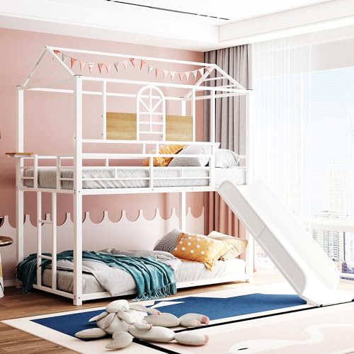 Lostcat Metal House Twin Bunk Bed with Slide