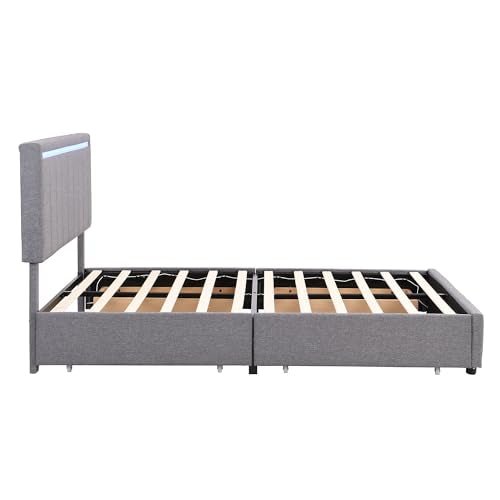 Lostcat Queen Bed Upholstered Bed with Drawers, Velvet Platform Storage Bed with 4 Storage Drawers, Upholstered Platform Bed Frame with a Set of Sockets and USB Ports, No Box Spring Needed, Grey - Lostcat