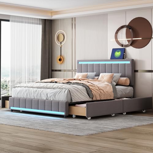 Lostcat Queen Bed Upholstered Bed with Drawers, Velvet Platform Storage Bed with 4 Storage Drawers, Upholstered Platform Bed Frame with a Set of Sockets and USB Ports, No Box Spring Needed, Grey - Lostcat