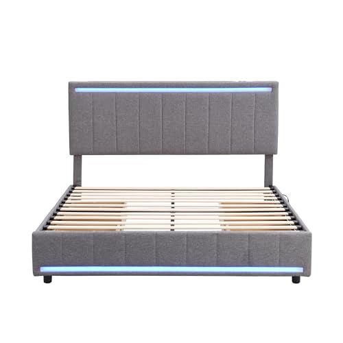 Lostcat Queen Bed Upholstered Bed with Drawers, Velvet Platform Storage Bed with 4 Storage Drawers, Upholstered Platform Bed Frame with a Set of Sockets and USB Ports, No Box Spring Needed, Grey - Lostcat