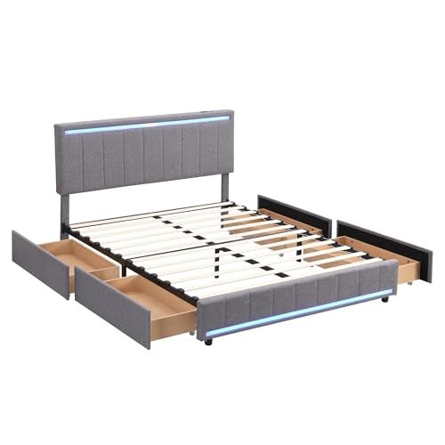 Lostcat Queen Bed Upholstered Bed with Drawers, Velvet Platform Storage Bed with 4 Storage Drawers, Upholstered Platform Bed Frame with a Set of Sockets and USB Ports, No Box Spring Needed, Grey - Lostcat