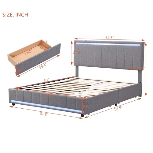Lostcat Queen Bed Upholstered Bed with Drawers, Velvet Platform Storage Bed with 4 Storage Drawers, Upholstered Platform Bed Frame with a Set of Sockets and USB Ports, No Box Spring Needed, Grey - Lostcat