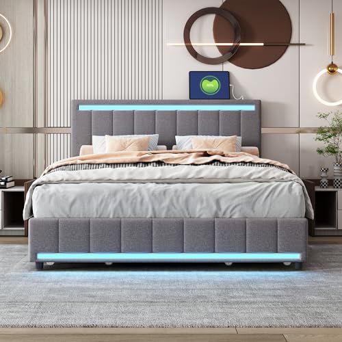 Lostcat Queen Bed Upholstered Bed with Drawers, Velvet Platform Storage Bed with 4 Storage Drawers, Upholstered Platform Bed Frame with a Set of Sockets and USB Ports, No Box Spring Needed, Grey - Lostcat