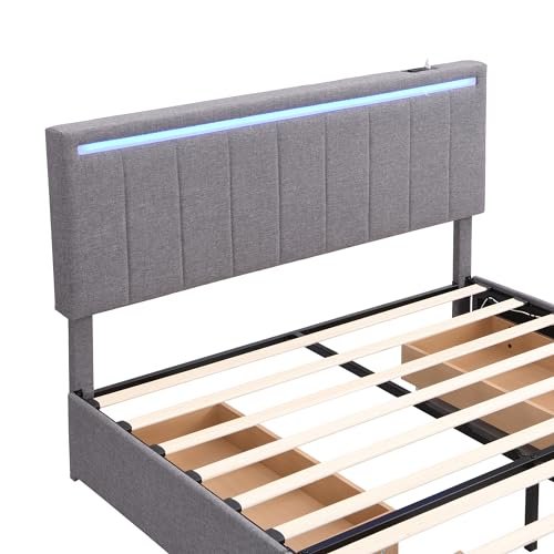 Lostcat Queen Bed Upholstered Bed with Drawers, Velvet Platform Storage Bed with 4 Storage Drawers, Upholstered Platform Bed Frame with a Set of Sockets and USB Ports, No Box Spring Needed, Grey - Lostcat
