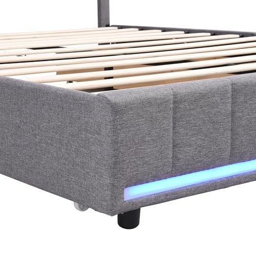 Lostcat Queen Bed Upholstered Bed with Drawers, Velvet Platform Storage Bed with 4 Storage Drawers, Upholstered Platform Bed Frame with a Set of Sockets and USB Ports, No Box Spring Needed, Grey - Lostcat
