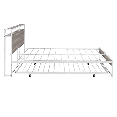 Lostcat Queen Size Metal Platform Bed Frame with Twin Size Trundle, Metal Queen Size Bed Frame with Storage Headboard for Bedroom,USB Ports and Steel Slat Support, No Box Spring Needed,White - Lostcat