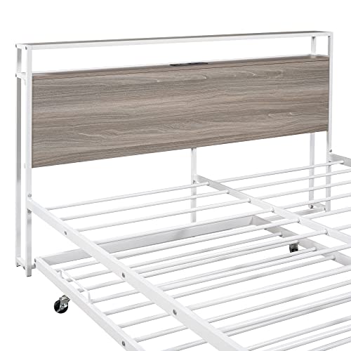 Lostcat Queen Size Metal Platform Bed Frame with Twin Size Trundle, Metal Queen Size Bed Frame with Storage Headboard for Bedroom,USB Ports and Steel Slat Support, No Box Spring Needed,White - Lostcat