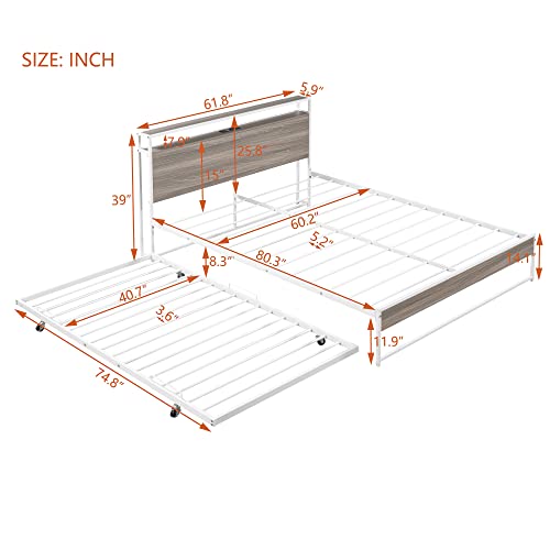Lostcat Queen Size Metal Platform Bed Frame with Twin Size Trundle, Metal Queen Size Bed Frame with Storage Headboard for Bedroom,USB Ports and Steel Slat Support, No Box Spring Needed,White - Lostcat