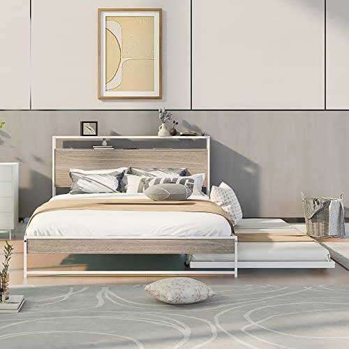 Lostcat Queen Size Metal Platform Bed Frame with Twin Size Trundle, Metal Queen Size Bed Frame with Storage Headboard for Bedroom,USB Ports and Steel Slat Support, No Box Spring Needed,White - Lostcat