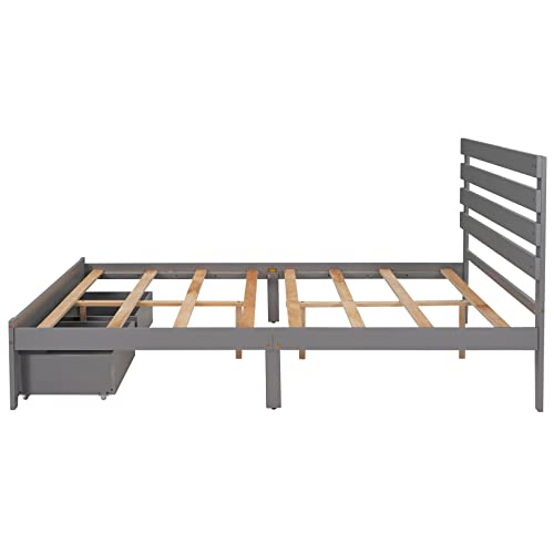 Lostcat Queen Size Platform Bed Frame with Two Drawers and Headboard,Wood Slats Support,Solid Pinewood Bedframe,No Box Spring Needed,for Boys/Girls/Adult Bedroom,Gray - Lostcat