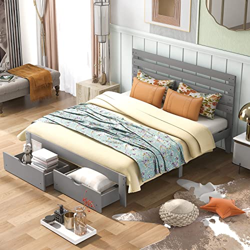 Lostcat Queen Size Platform Bed Frame with Two Drawers and Headboard,Wood Slats Support,Solid Pinewood Bedframe,No Box Spring Needed,for Boys/Girls/Adult Bedroom,Gray - Lostcat