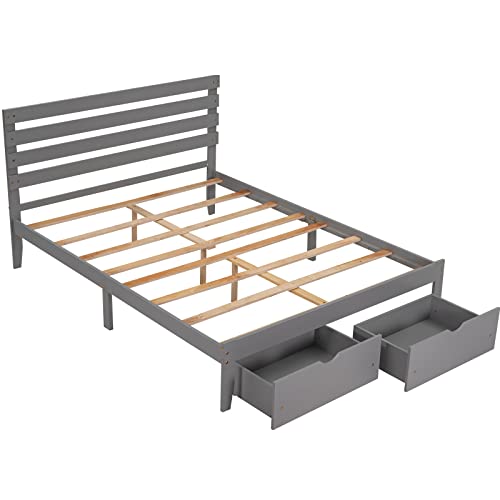 Lostcat Queen Size Platform Bed Frame with Two Drawers and Headboard,Wood Slats Support,Solid Pinewood Bedframe,No Box Spring Needed,for Boys/Girls/Adult Bedroom,Gray - Lostcat