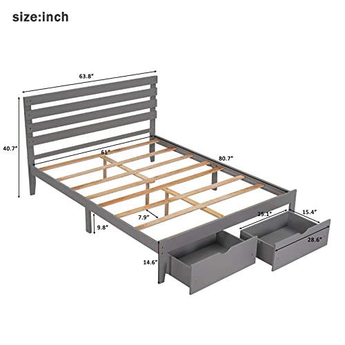 Lostcat Queen Size Platform Bed Frame with Two Drawers and Headboard,Wood Slats Support,Solid Pinewood Bedframe,No Box Spring Needed,for Boys/Girls/Adult Bedroom,Gray - Lostcat