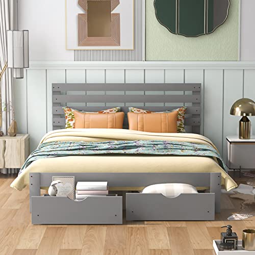 Lostcat Queen Size Platform Bed Frame with Two Drawers and Headboard,Wood Slats Support,Solid Pinewood Bedframe,No Box Spring Needed,for Boys/Girls/Adult Bedroom,Gray - Lostcat
