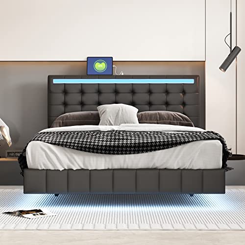 Lostcat Queen Size Upholstered Platform Bed with LED Lights and USB Charging, Upholstered Platform Bed Frame Queen with Strong Metal Support, No Box Spring Needed, Noise Free, Black - Lostcat