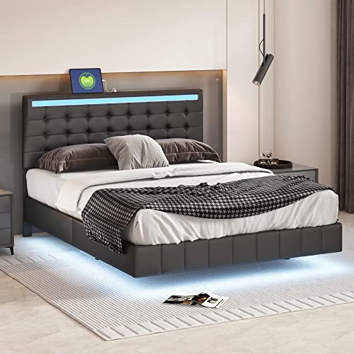 Lostcat Queen Size Upholstered Platform Bed with LED Lights and USB Charging, Upholstered Platform Bed Frame Queen with Strong Metal Support, No Box Spring Needed, Noise Free, Black - Lostcat