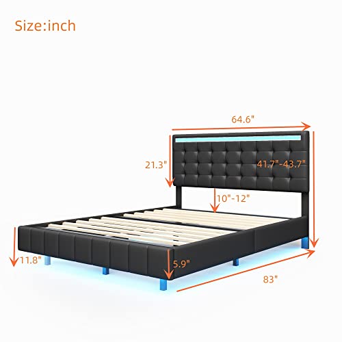 Lostcat Queen Size Upholstered Platform Bed with LED Lights and USB Charging, Upholstered Platform Bed Frame Queen with Strong Metal Support, No Box Spring Needed, Noise Free, Black - Lostcat