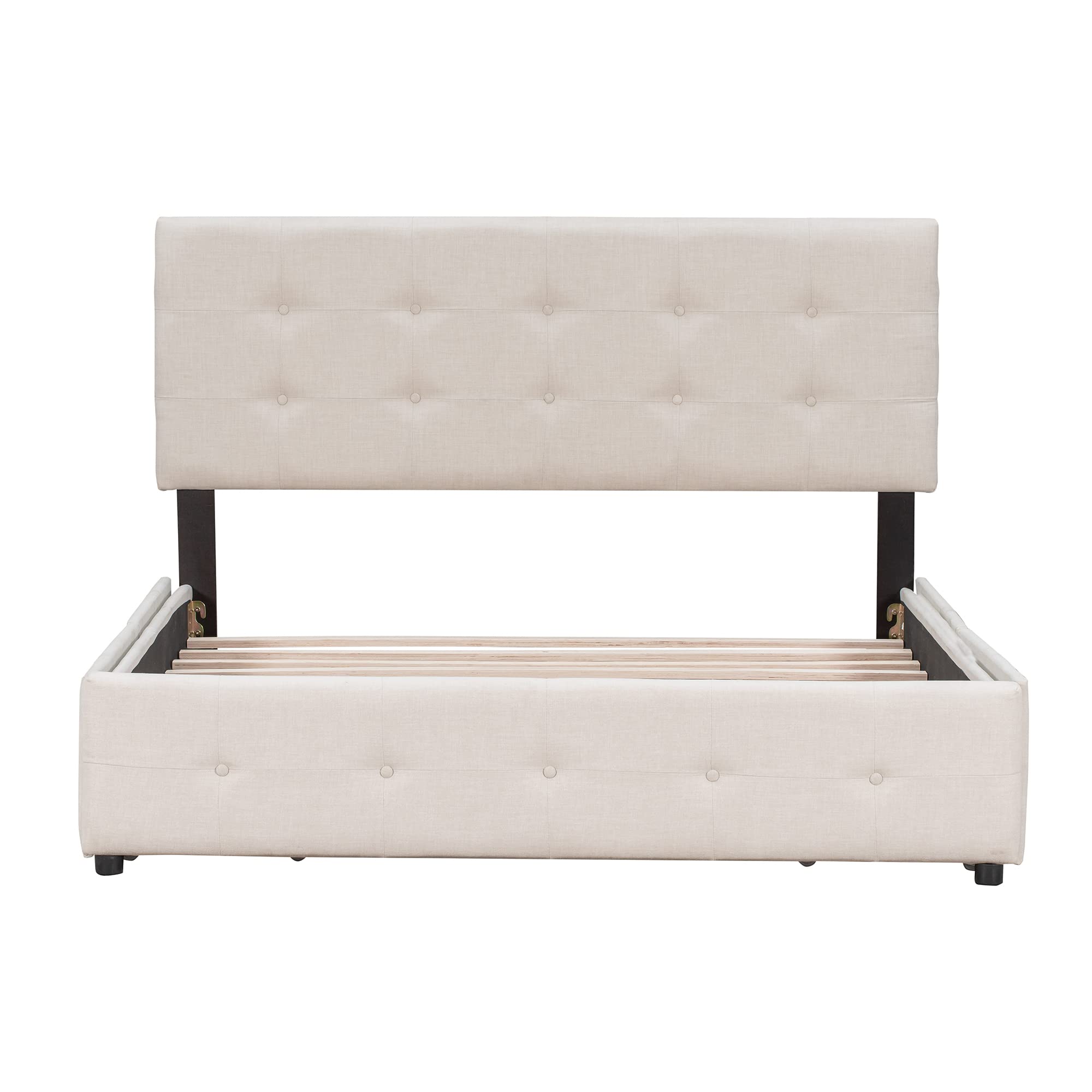 Lostcat Queen Upholstered Bed Frame with 4 Drawers,Linen Fabric Platform Storage Bed with Adjustable Button Tufted Headboard and Solid Wooden Slats Support,No Box Spring Needed,Beige - Lostcat