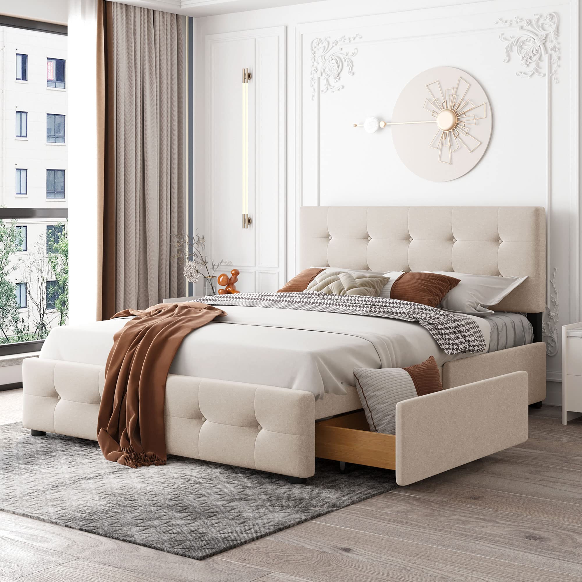 Lostcat Queen Upholstered Bed Frame with 4 Drawers,Linen Fabric Platform Storage Bed with Adjustable Button Tufted Headboard and Solid Wooden Slats Support,No Box Spring Needed,Beige - Lostcat