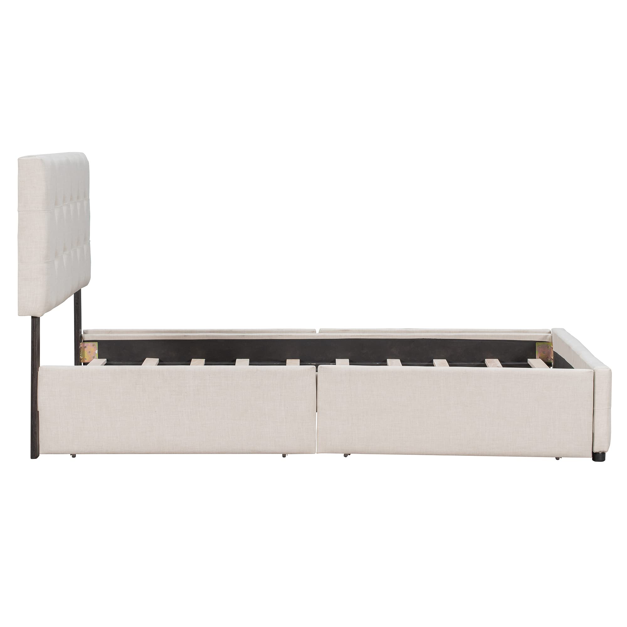 Lostcat Queen Upholstered Bed Frame with 4 Drawers,Linen Fabric Platform Storage Bed with Adjustable Button Tufted Headboard and Solid Wooden Slats Support,No Box Spring Needed,Beige - Lostcat