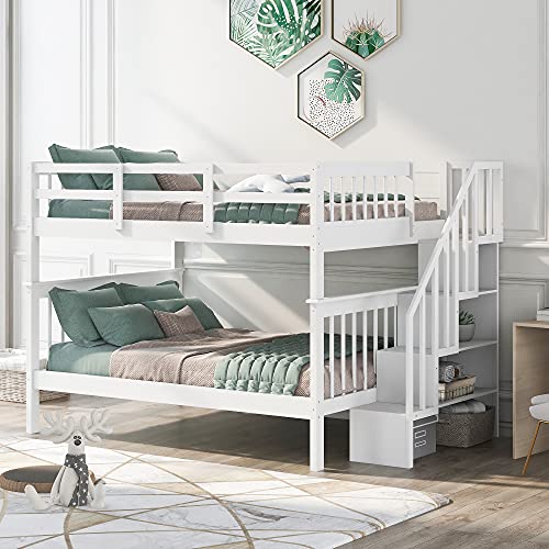Lostcat Stairway Full-Over-Full Bunk Bed with Storage and Guard Rail, Solid Wood Bunkbeds with Safety Guardrails, for Teens, Kids, No Box Spring Needed, White - Lostcat