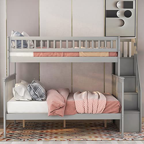 Lostcat Stairway Twin Over Full Bunk Bed with Storage Staircase,Solid Wood Bunkbeds with Safety Guardrails,for Teens, Kids,No Box Spring Needed,Grey - Lostcat